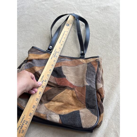 Vintage Style Patchwork Suede Purse Brown Pig Leather Wallet Shoulder Bag - Picture 4 of 12